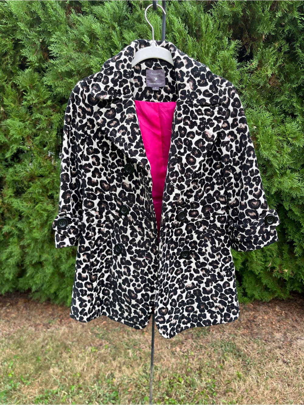 Forever 21 Adorable Black and White Leopard Print Peacoat with Hot Pink Lining